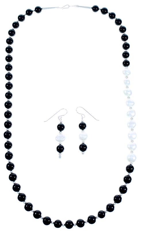 Genuine Sterling Silver Navajo Indian Onyx Howlite Bead Necklace LX114021